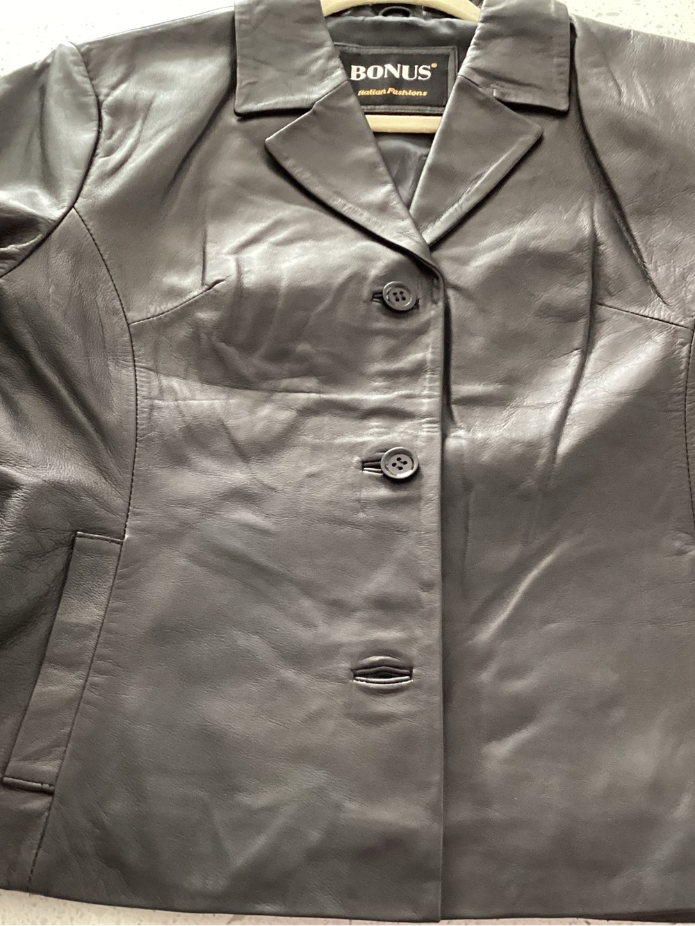 Black Leather Button-Front Jacket - Picture 3 of 4